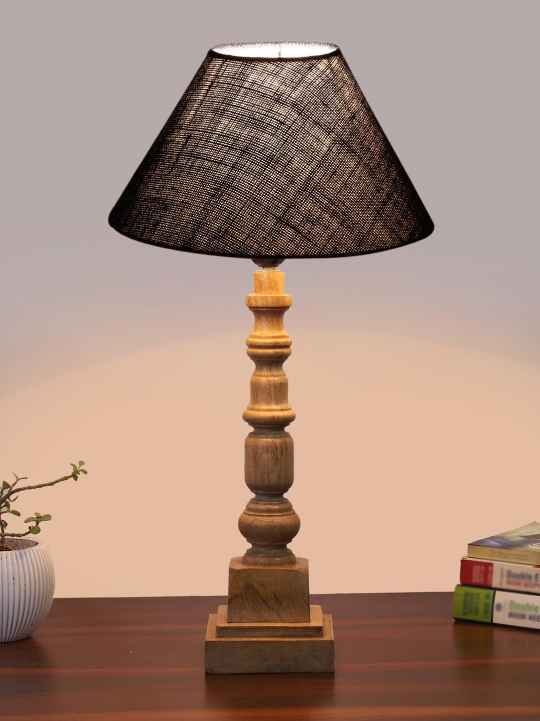 Blue Cotton Shade Table Lamp with Wooden Natural Base - Height 21Inches/Without Bulb | for Living Room, Bedroom Decoration, Home Decor, Gifting | Decorative Bedside & Desk Table Lamp