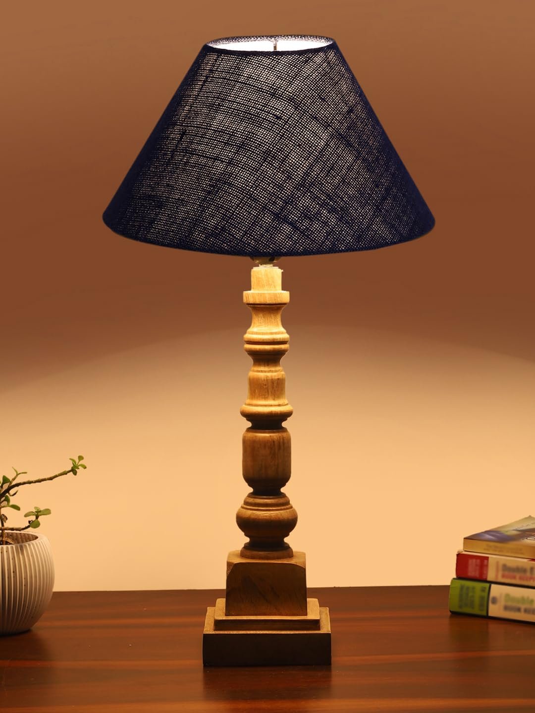 Blue Cotton Shade Table Lamp with Wooden Natural Base - Height 21Inches/Without Bulb | for Living Room, Bedroom Decoration, Home Decor, Gifting | Decorative Bedside & Desk Table Lamp