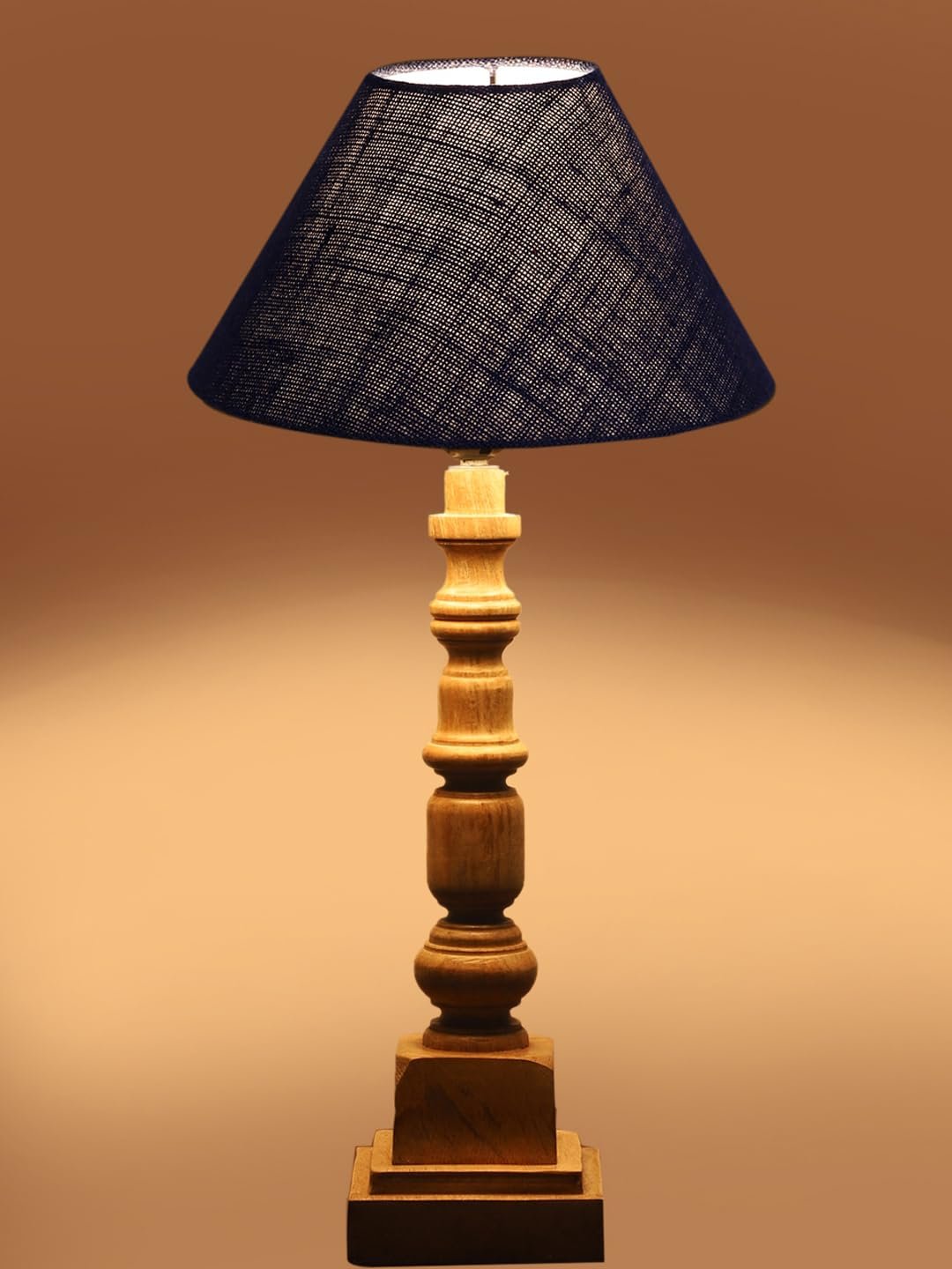 Blue Cotton Shade Table Lamp with Wooden Natural Base - Height 21Inches/Without Bulb | for Living Room, Bedroom Decoration, Home Decor, Gifting | Decorative Bedside & Desk Table Lamp