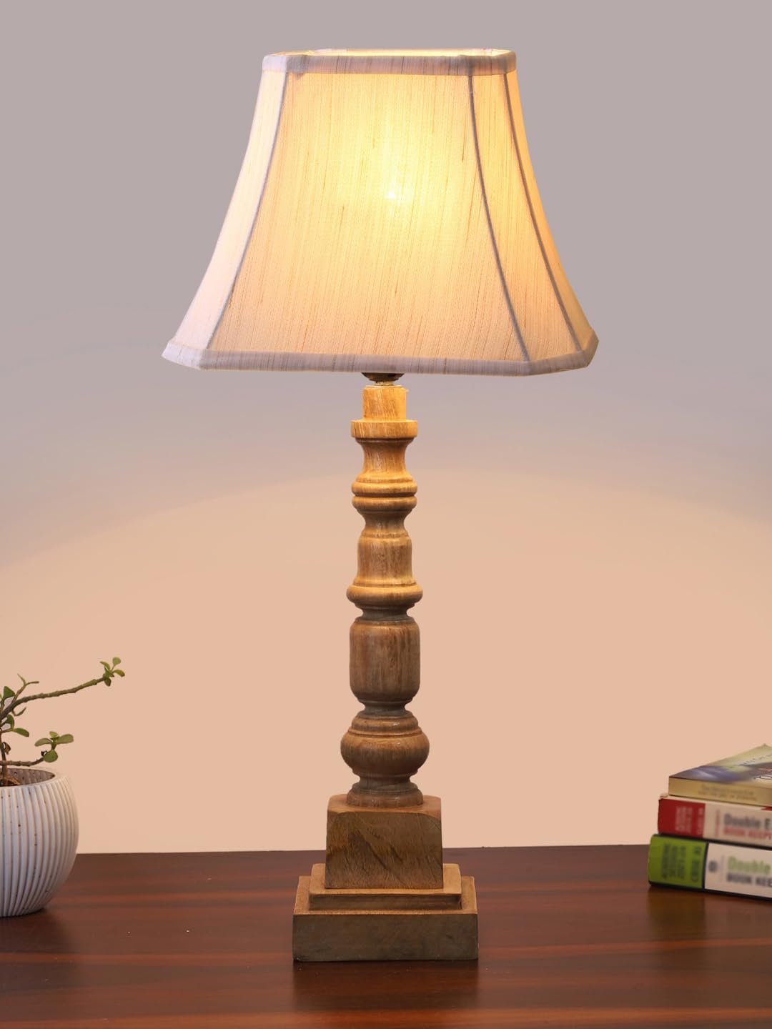 Cold Turkey Cotton Shade Table Lamp with Wooden Natural Base - Height 24Inches/Without Bulb | for Living Room, Bedroom Decoration, Home Decor, Gifting | Decorative Bedside & Desk Table Lamp
