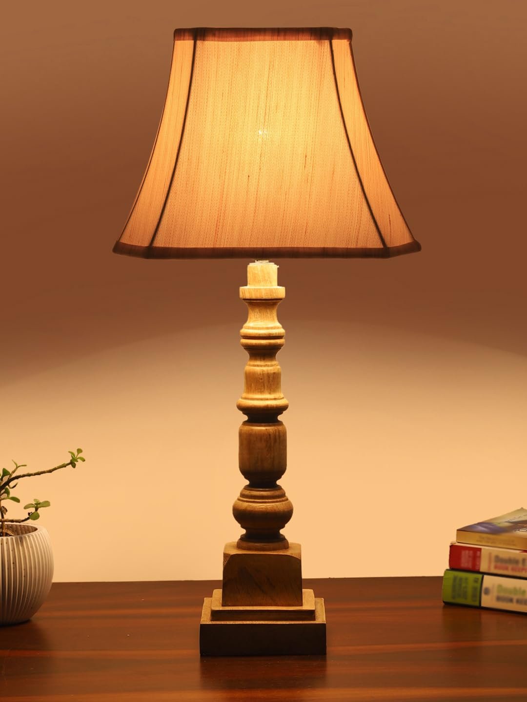 Cold Turkey Cotton Shade Table Lamp with Wooden Natural Base - Height 24Inches/Without Bulb | for Living Room, Bedroom Decoration, Home Decor, Gifting | Decorative Bedside & Desk Table Lamp