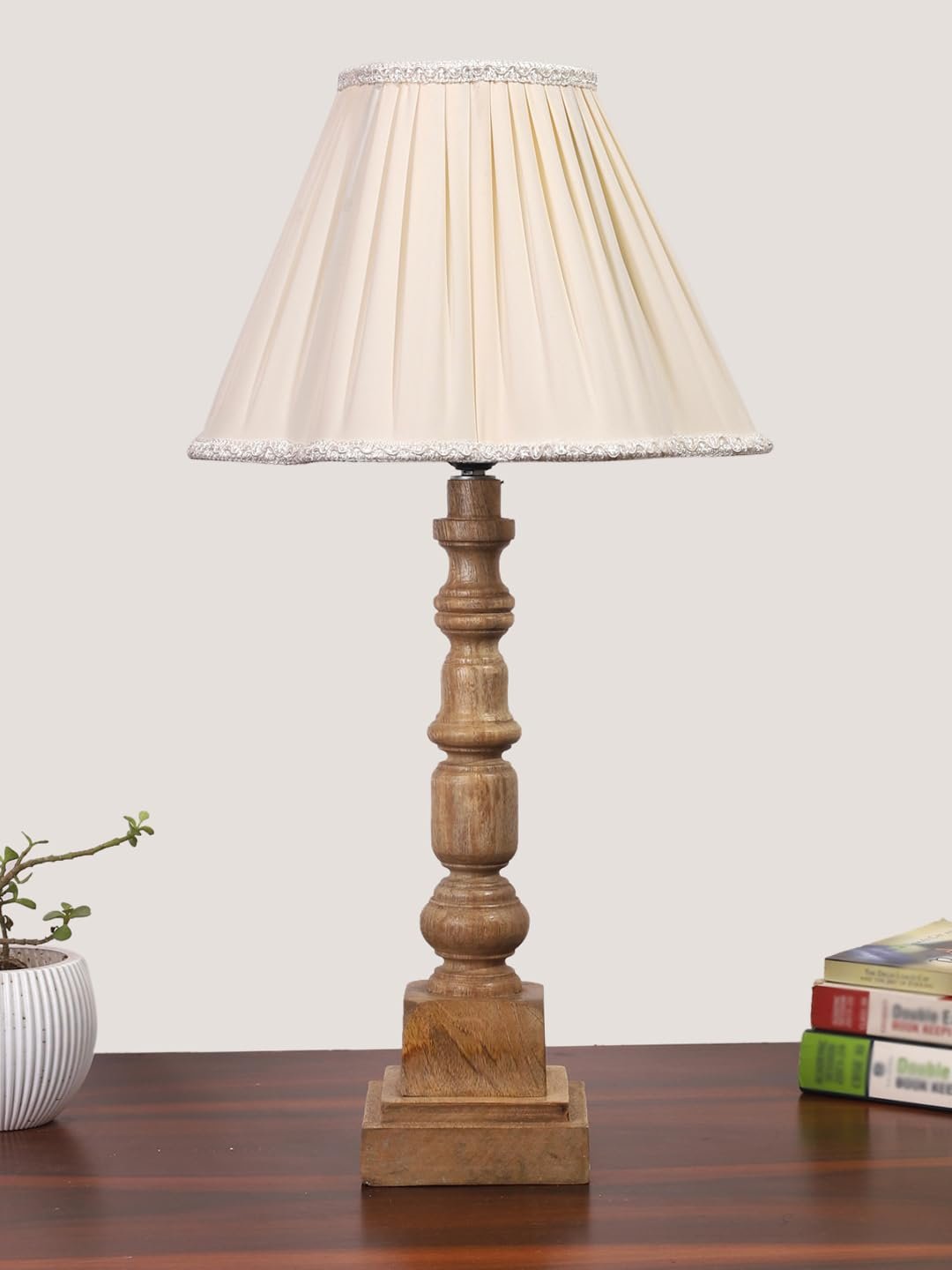 Off White- Almond Cotton Shade Table Lamp with Wooden Base - Height 22 Inches/Without Bulb | for Living Room, Bedroom Decoration, Home Decor, Gifting | Decorative Bedside & Desk Table Lamp