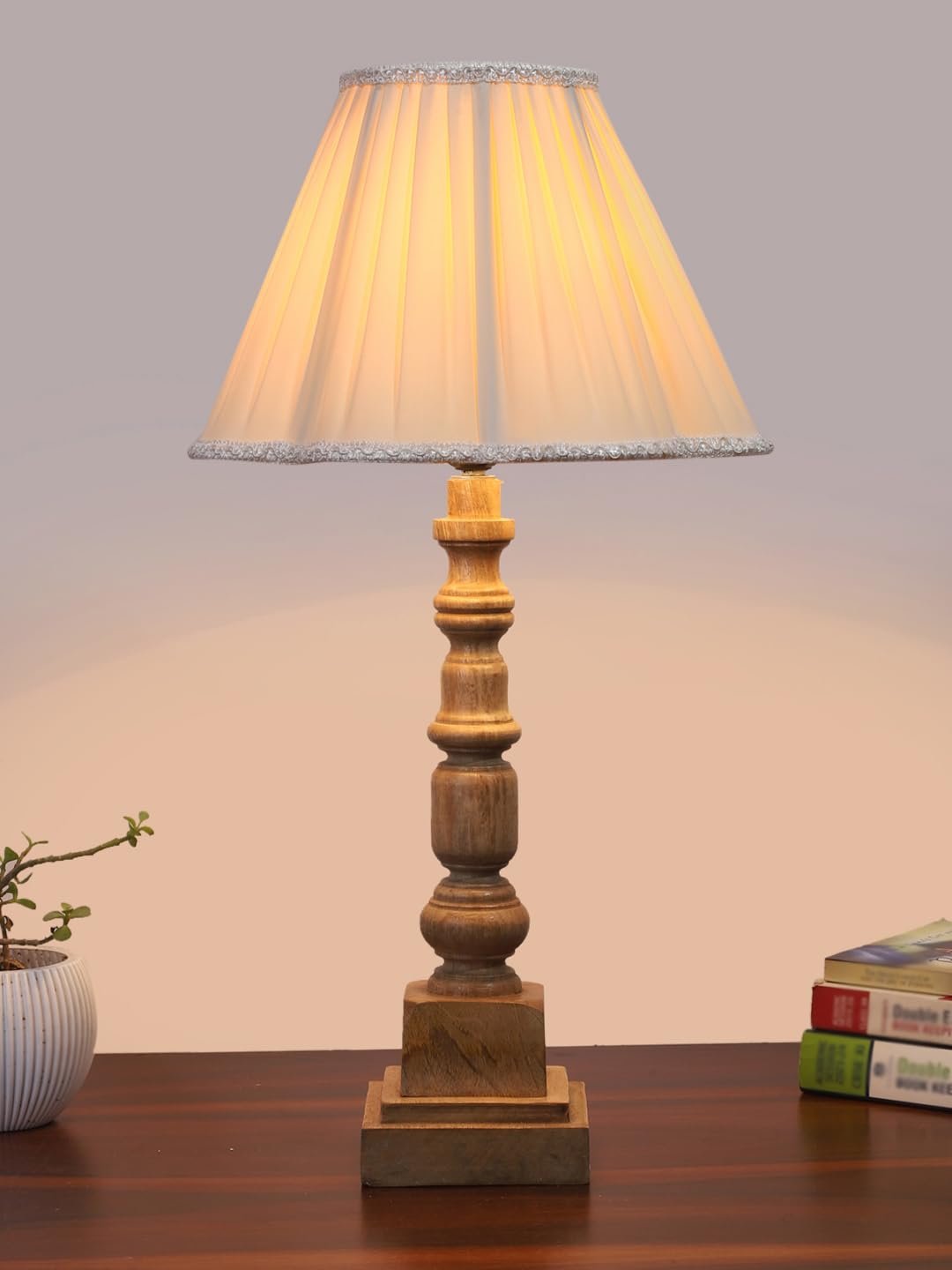Off White- Almond Cotton Shade Table Lamp with Wooden Base - Height 22 Inches/Without Bulb | for Living Room, Bedroom Decoration, Home Decor, Gifting | Decorative Bedside & Desk Table Lamp