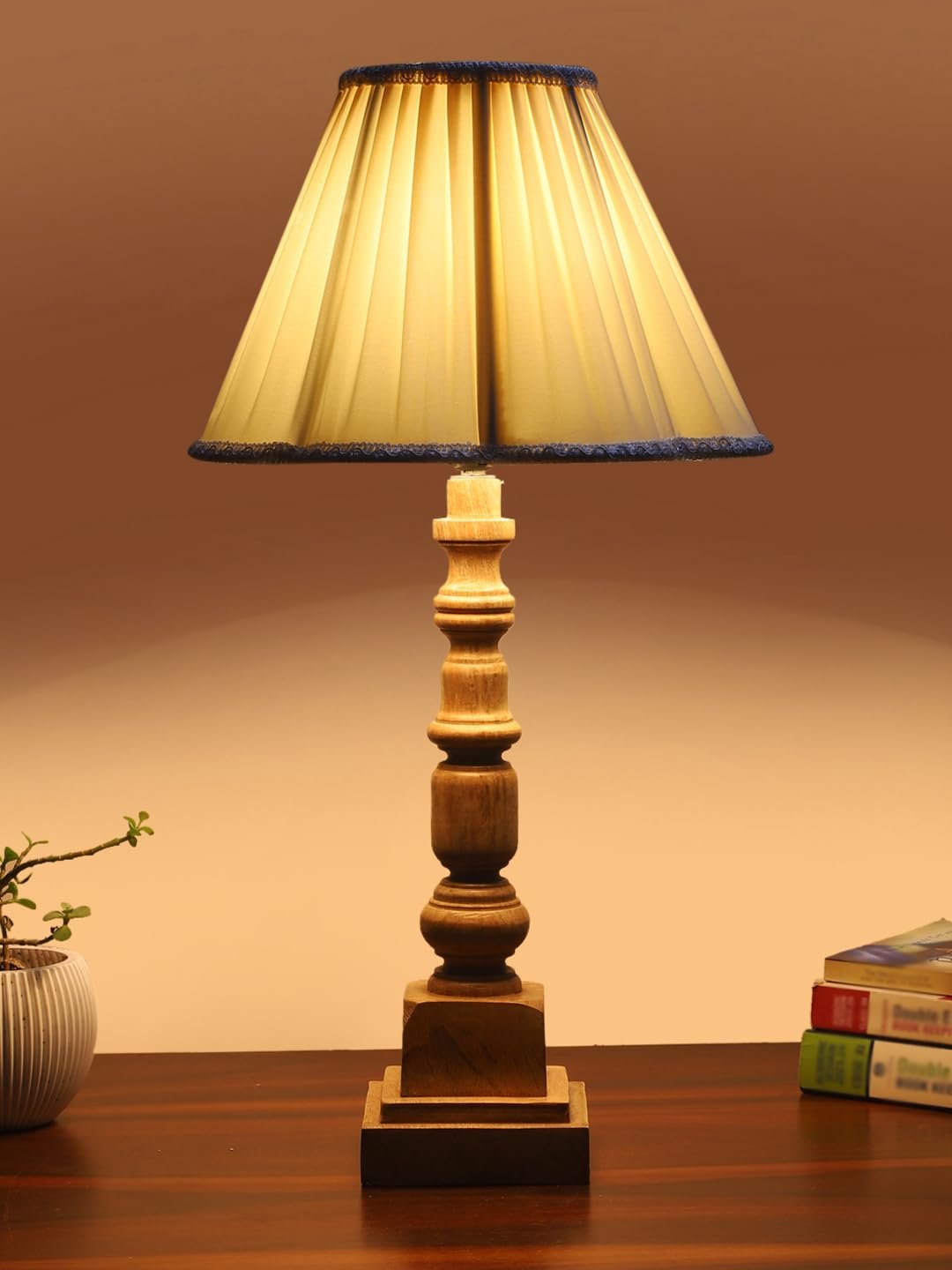 Off White- Almond Cotton Shade Table Lamp with Wooden Base - Height 22 Inches/Without Bulb | for Living Room, Bedroom Decoration, Home Decor, Gifting | Decorative Bedside & Desk Table Lamp