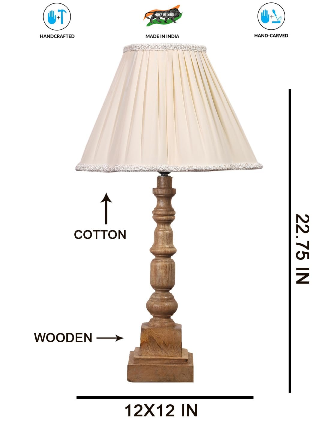 Off White- Almond Cotton Shade Table Lamp with Wooden Base - Height 22 Inches/Without Bulb | for Living Room, Bedroom Decoration, Home Decor, Gifting | Decorative Bedside & Desk Table Lamp
