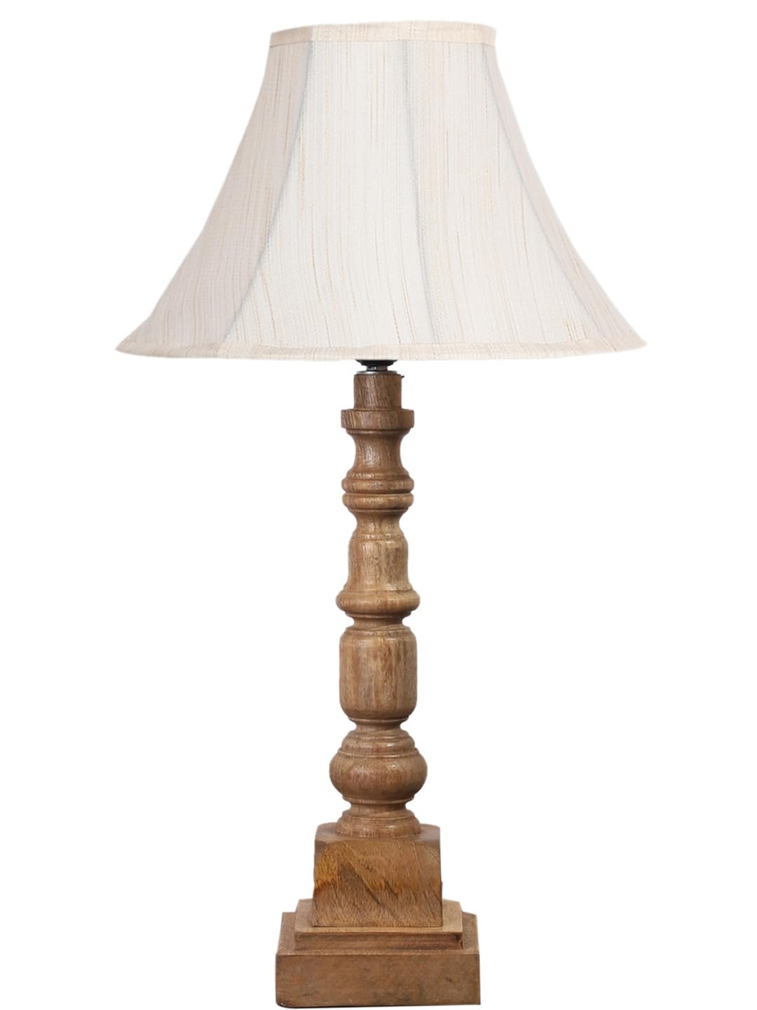 Off White- Platinum Shade Cotton Table Lamp with Wooden Base - Height 22 Inches/Without Bulb | for Living Room, Bedroom Decoration, Home Decor, Gifting | Decorative Bedside & Desk Table Lamp