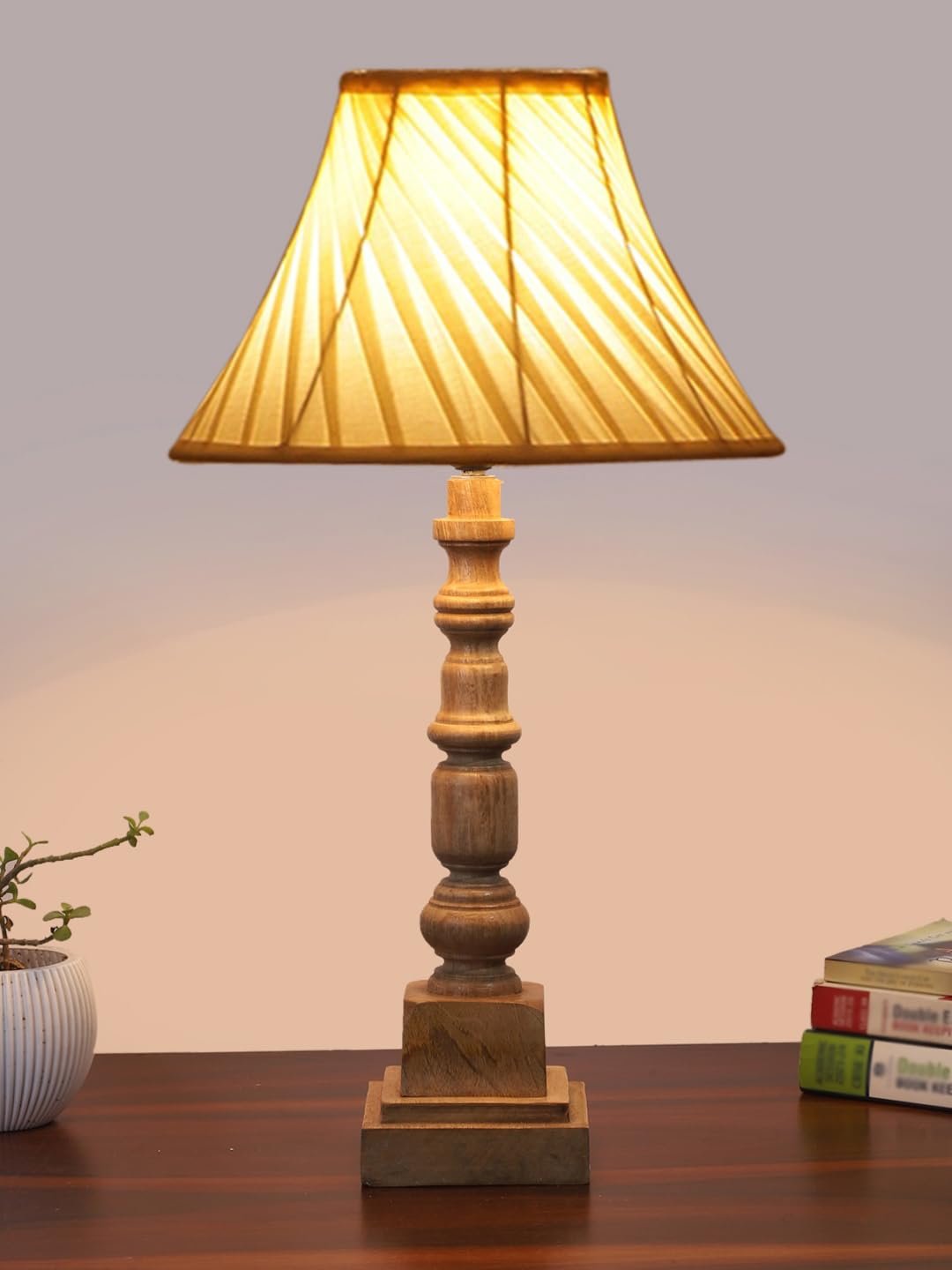 Desert Sand Cotton Table Lamp with Wooden Natural Base - Height 22 Inches/Without Bulb | for Living Room, Bedroom Decoration, Home Decor, Gifting | Decorative Bedside & Desk Table Lamp