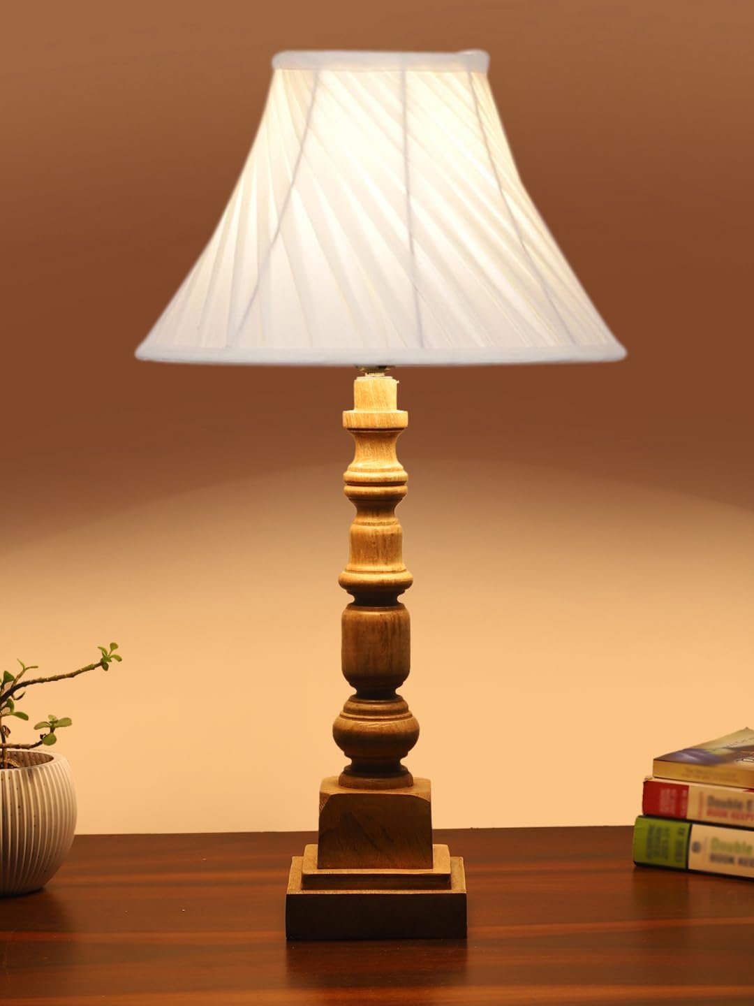 Desert Sand Cotton Table Lamp with Wooden Natural Base - Height 22 Inches/Without Bulb | for Living Room, Bedroom Decoration, Home Decor, Gifting | Decorative Bedside & Desk Table Lamp