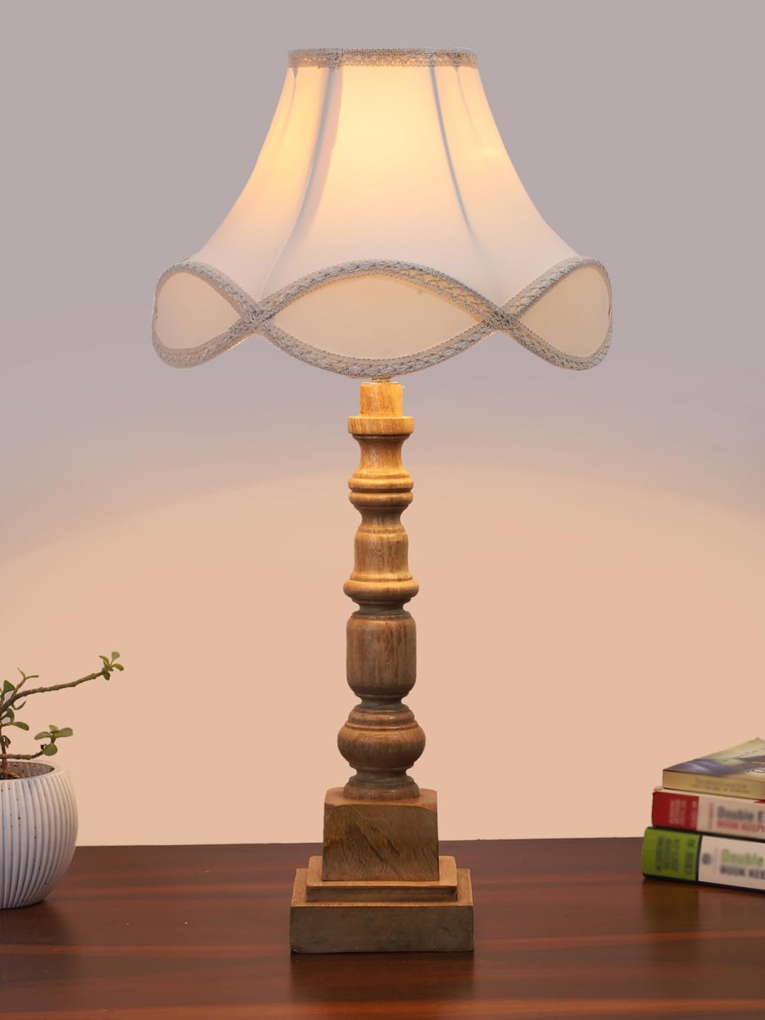 Linen Cotton Shade Table Lamp with Wooden Natural Base - Height 23 Inches/Without Bulb | for Living Room, Bedroom Decoration, Home Decor, Gifting | Decorative Bedside & Desk Table Lamp