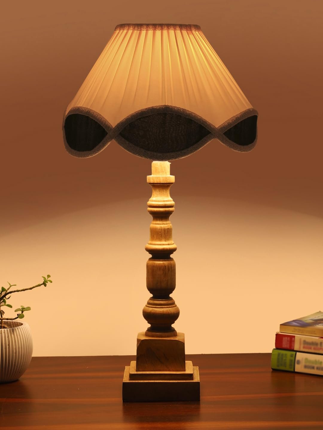 Dust Storm Cotton Shade Table Lamp with Wooden Natural Base - Height 23 Inches/Without Bulb | for Living Room, Bedroom Decoration, Home Decor, Gifting | Decorative Bedside & Desk Table Lamp