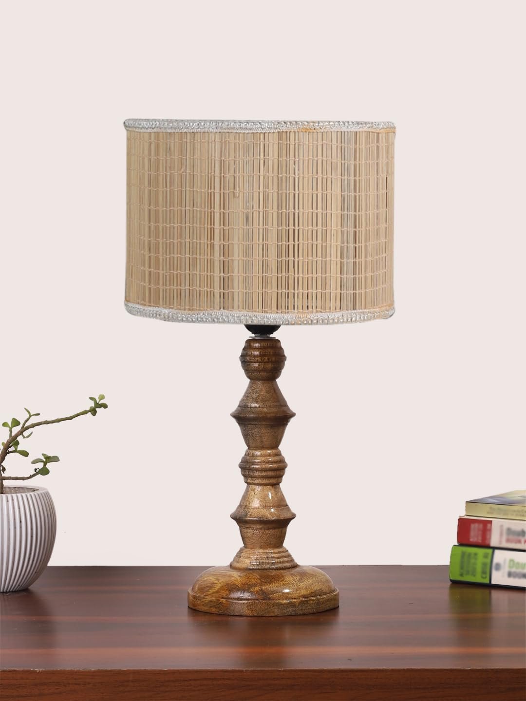 Beige Bamboo Shade Table Lamp with Wooden Base (Height 15.5 Inches, Without Bulb) | Elegant Bedside & Desk Lamp for Living Room, Bedroom, Home Decor, Office & Gift | Decorative Lighting Lamp