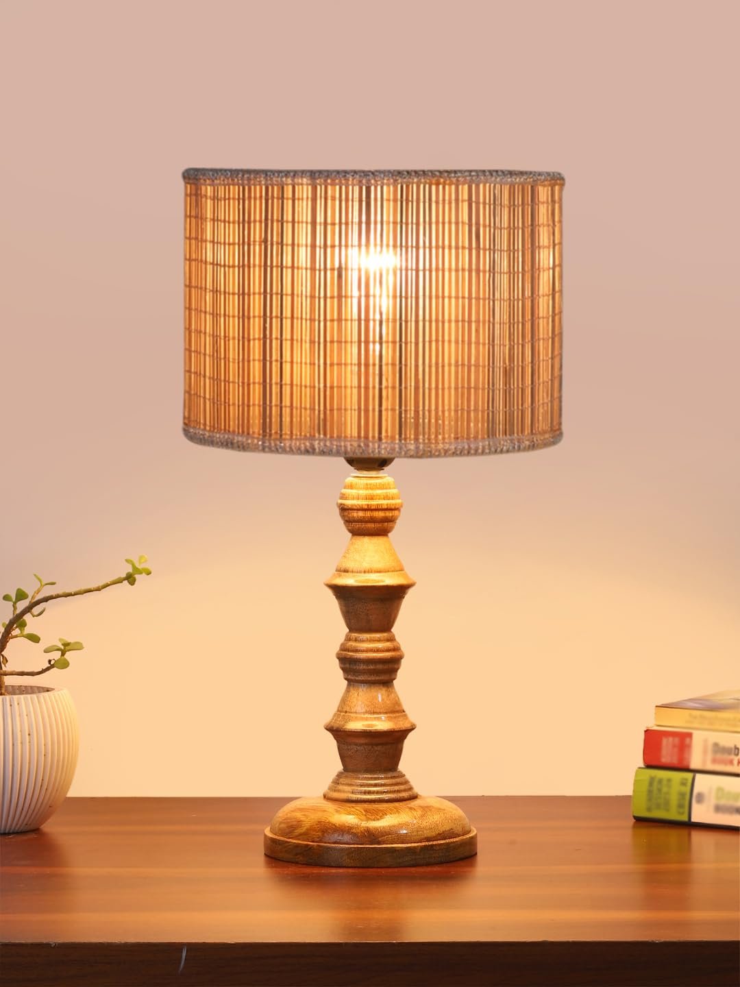 Beige Bamboo Shade Table Lamp with Wooden Base (Height 15.5 Inches, Without Bulb) | Elegant Bedside & Desk Lamp for Living Room, Bedroom, Home Decor, Office & Gift | Decorative Lighting Lamp