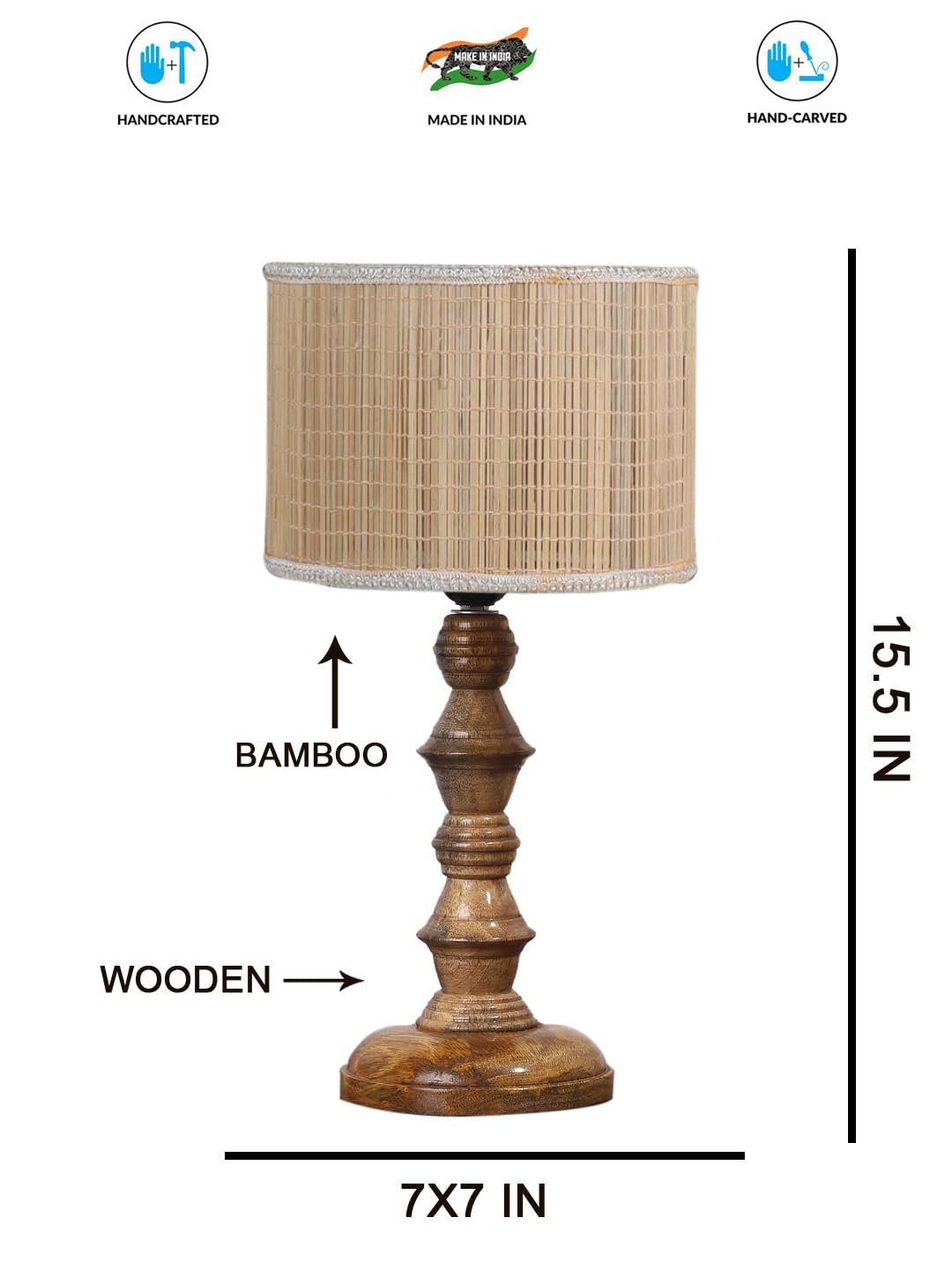 Beige Bamboo Shade Table Lamp with Wooden Base (Height 15.5 Inches, Without Bulb) | Elegant Bedside & Desk Lamp for Living Room, Bedroom, Home Decor, Office & Gift | Decorative Lighting Lamp