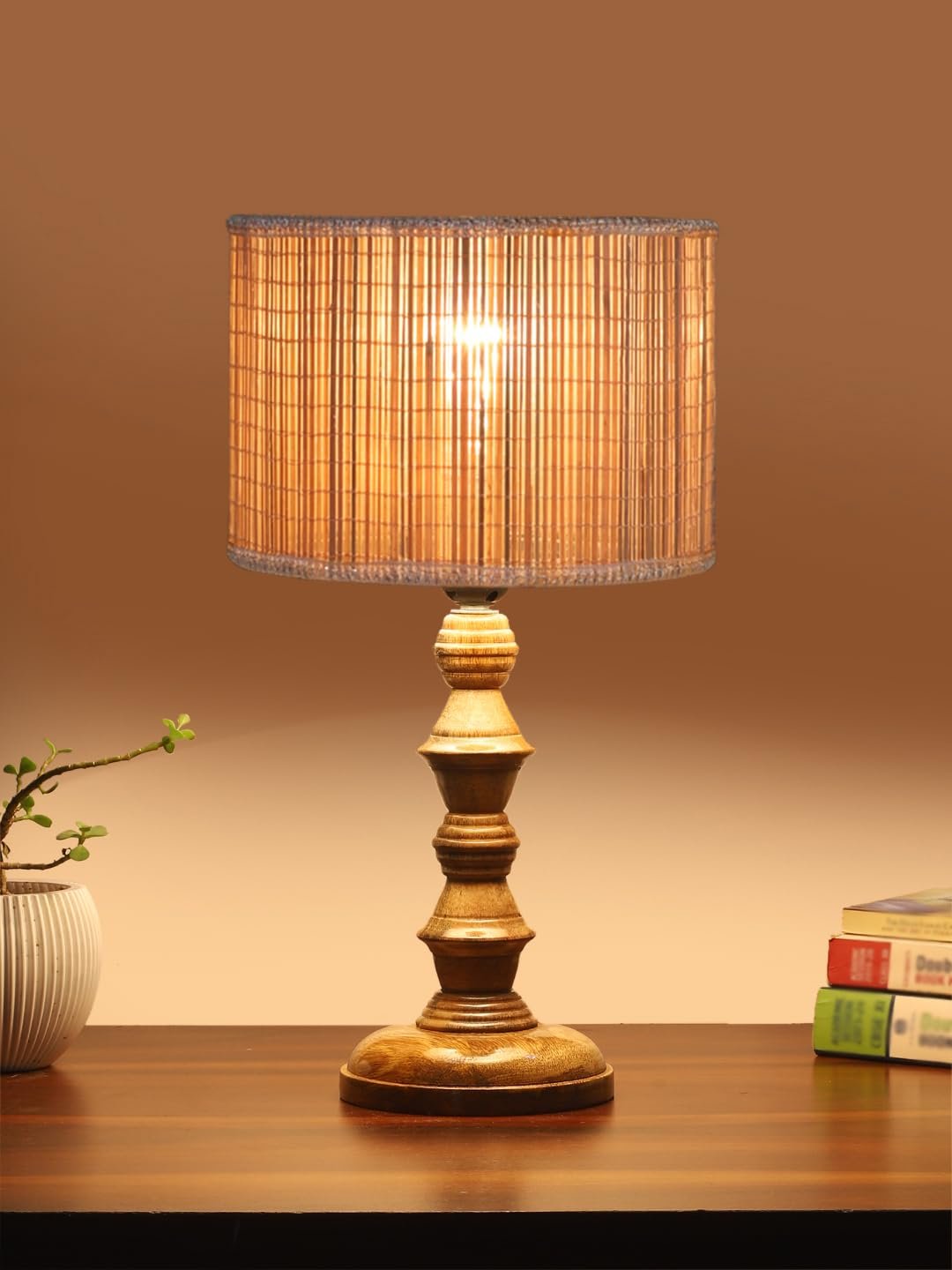 Beige Bamboo Shade Table Lamp with Wooden Base (Height 15.5 Inches, Without Bulb) | Elegant Bedside & Desk Lamp for Living Room, Bedroom, Home Decor, Office & Gift | Decorative Lighting Lamp