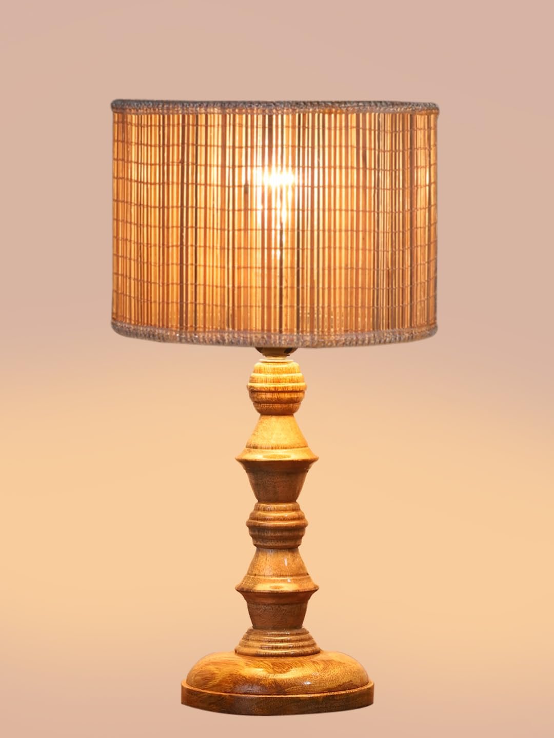 Beige Bamboo Shade Table Lamp with Wooden Base (Height 15.5 Inches, Without Bulb) | Elegant Bedside & Desk Lamp for Living Room, Bedroom, Home Decor, Office & Gift | Decorative Lighting Lamp