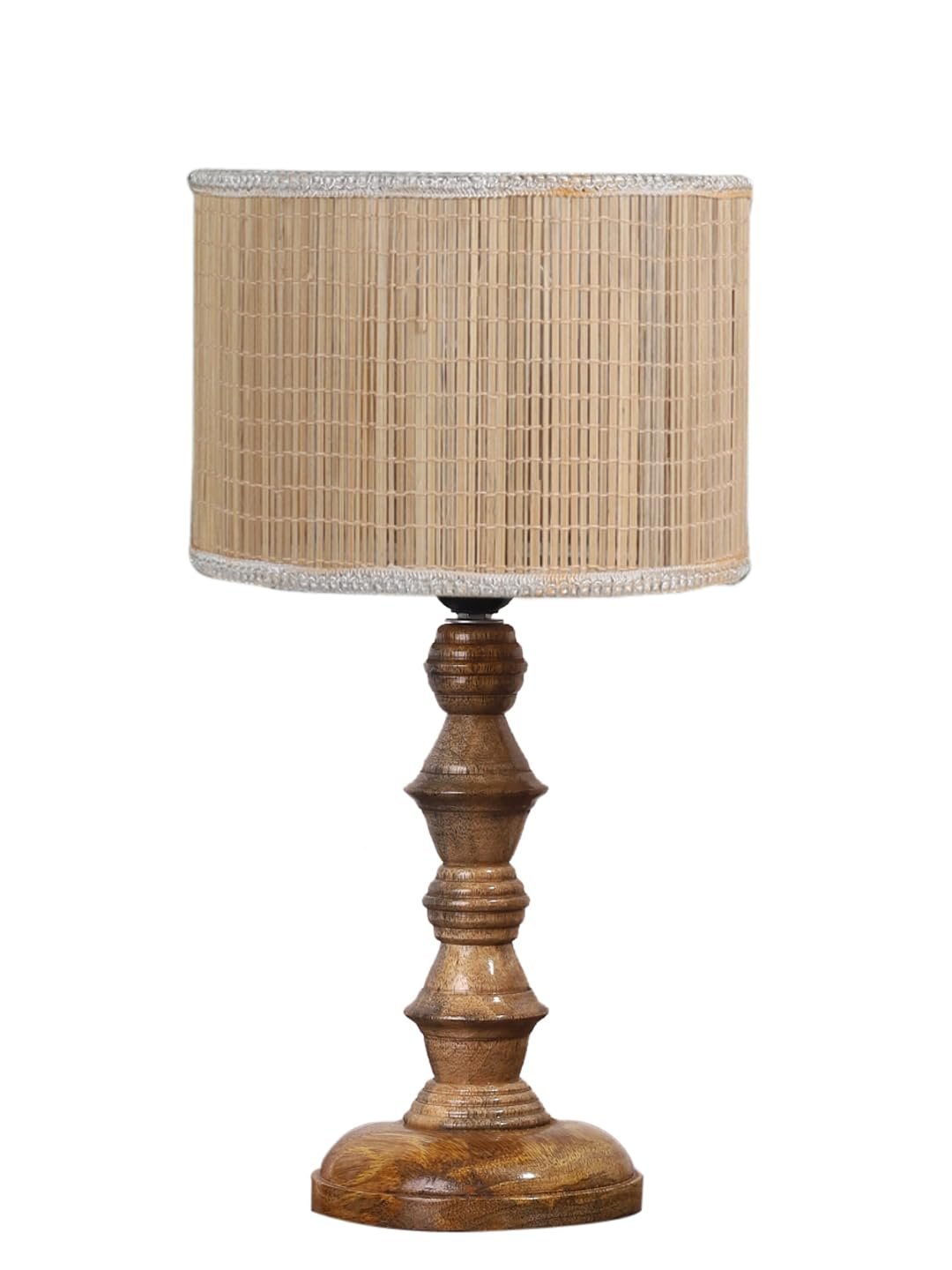 Beige Bamboo Shade Table Lamp with Wooden Base (Height 15.5 Inches, Without Bulb) | Elegant Bedside & Desk Lamp for Living Room, Bedroom, Home Decor, Office & Gift | Decorative Lighting Lamp