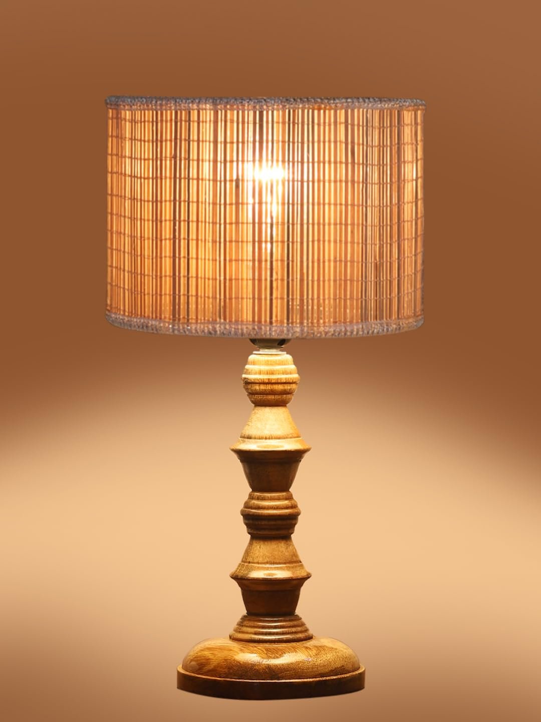 Beige Bamboo Shade Table Lamp with Wooden Base (Height 15.5 Inches, Without Bulb) | Elegant Bedside & Desk Lamp for Living Room, Bedroom, Home Decor, Office & Gift | Decorative Lighting Lamp