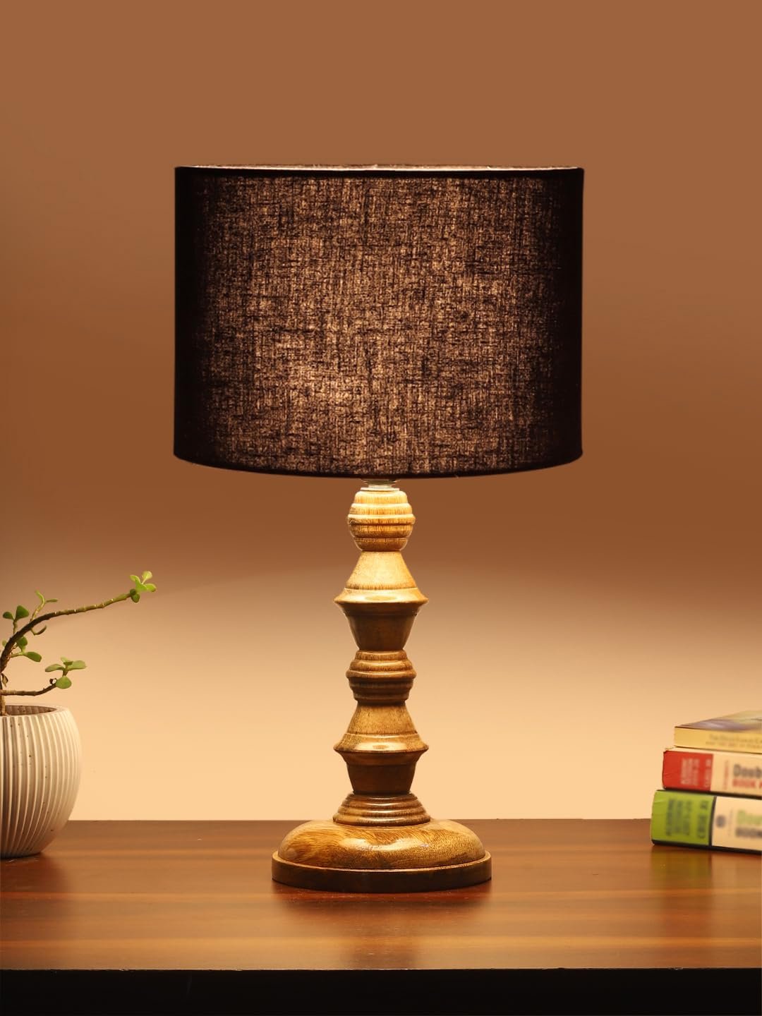 Black Cotton Shade Table Lamp with Wooden Base (Height 15.5 Inches, Without Bulb) | Elegant Bedside & Desk Lamp for Living Room, Bedroom, Home Decor, Office & Gift | Decorative Lighting Lamp