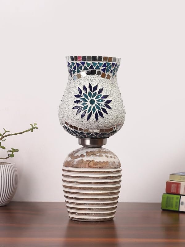 Multicolor Table Lamp | Artistic Mosaic Glass with Sturdy Wood Base | Decorative Ambient Light for Home D�cor | Perfect Blend of Modern & Traditional Style - Model DJC00