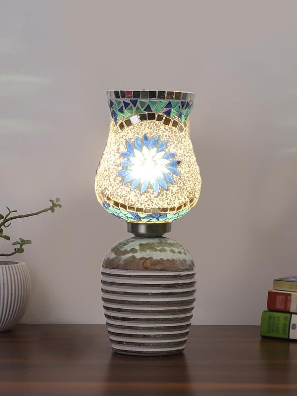 Multicolor Table Lamp | Artistic Mosaic Glass with Sturdy Wood Base | Decorative Ambient Light for Home D�cor | Perfect Blend of Modern & Traditional Style - Model DJC00