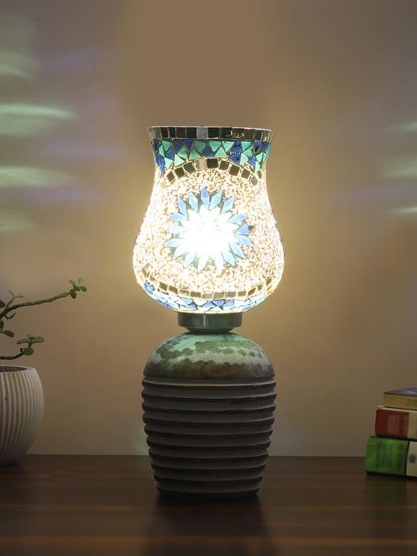 Multicolor Table Lamp | Artistic Mosaic Glass with Sturdy Wood Base | Decorative Ambient Light for Home D�cor | Perfect Blend of Modern & Traditional Style - Model DJC00