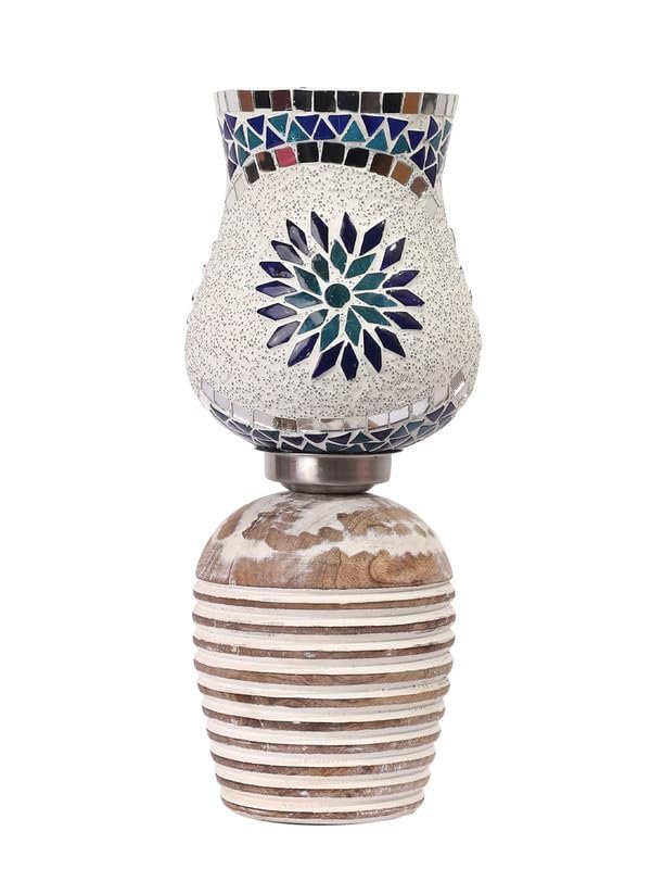 Multicolor Table Lamp | Artistic Mosaic Glass with Sturdy Wood Base | Decorative Ambient Light for Home D�cor | Perfect Blend of Modern & Traditional Style - Model DJC00