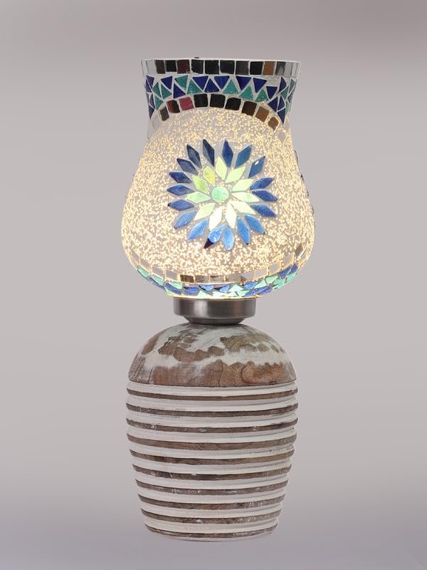Multicolor Table Lamp | Artistic Mosaic Glass with Sturdy Wood Base | Decorative Ambient Light for Home D�cor | Perfect Blend of Modern & Traditional Style - Model DJC00