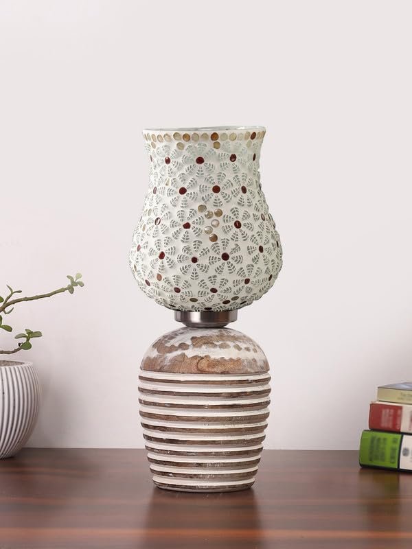 Multicolor Table Lamp | Artistic Mosaic Glass with Sturdy Wood Base | Decorative Ambient Light for Home D�cor | Perfect Blend of Modern & Traditional Style - Model DJC01