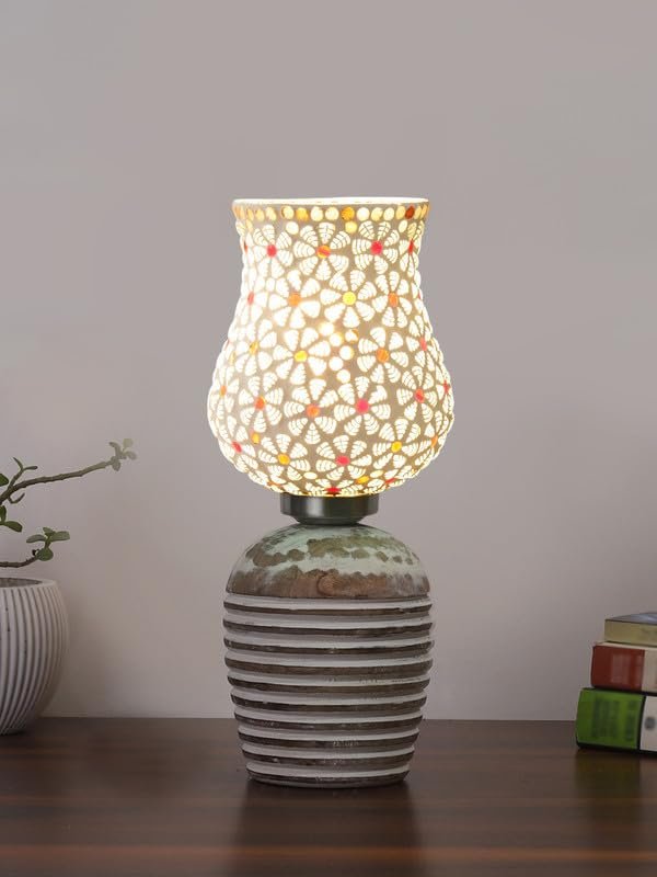 Multicolor Table Lamp | Artistic Mosaic Glass with Sturdy Wood Base | Decorative Ambient Light for Home D�cor | Perfect Blend of Modern & Traditional Style - Model DJC01