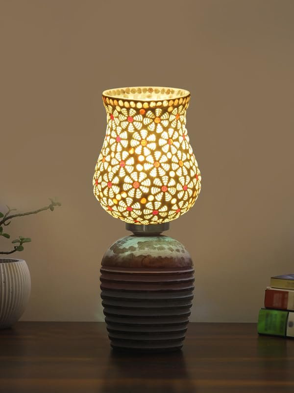 Multicolor Table Lamp | Artistic Mosaic Glass with Sturdy Wood Base | Decorative Ambient Light for Home D�cor | Perfect Blend of Modern & Traditional Style - Model DJC01