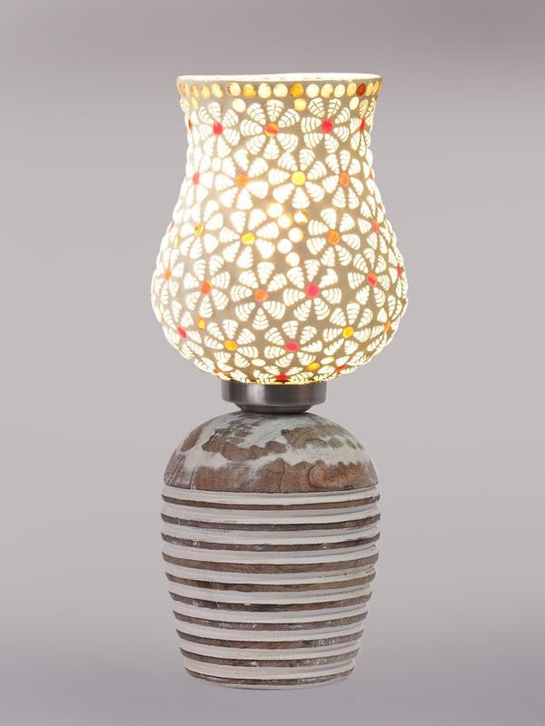 Multicolor Table Lamp | Artistic Mosaic Glass with Sturdy Wood Base | Decorative Ambient Light for Home D�cor | Perfect Blend of Modern & Traditional Style - Model DJC01