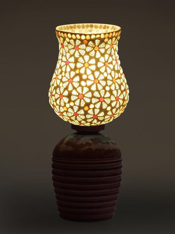 Multicolor Table Lamp | Artistic Mosaic Glass with Sturdy Wood Base | Decorative Ambient Light for Home D�cor | Perfect Blend of Modern & Traditional Style - Model DJC01