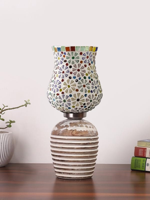 Multicolor Table Lamp | Artistic Mosaic Glass with Sturdy Wood Base | Decorative Ambient Light for Home D�cor | Perfect Blend of Modern & Traditional Style - Model DJC02