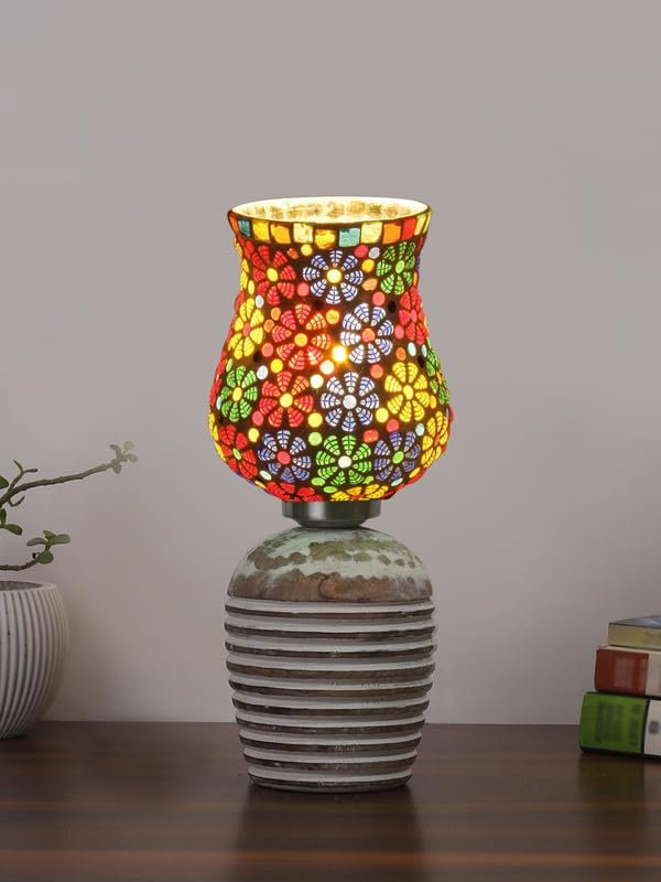 Multicolor Table Lamp | Artistic Mosaic Glass with Sturdy Wood Base | Decorative Ambient Light for Home D�cor | Perfect Blend of Modern & Traditional Style - Model DJC02