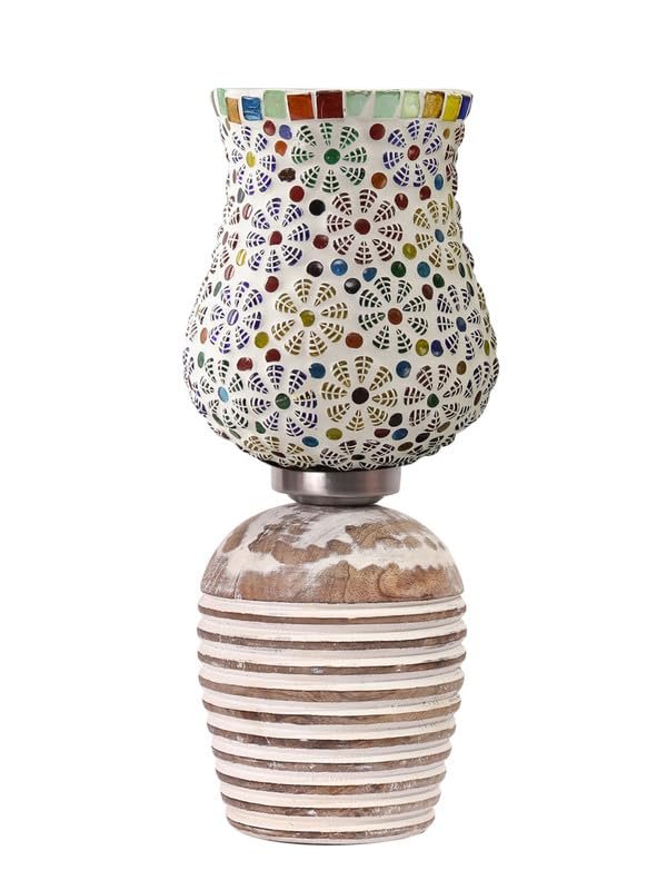 Multicolor Table Lamp | Artistic Mosaic Glass with Sturdy Wood Base | Decorative Ambient Light for Home D�cor | Perfect Blend of Modern & Traditional Style - Model DJC02