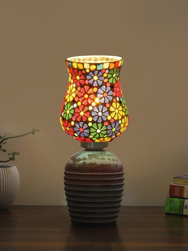 Multicolor Table Lamp | Artistic Mosaic Glass with Sturdy Wood Base | Decorative Ambient Light for Home D�cor | Perfect Blend of Modern & Traditional Style - Model DJC02