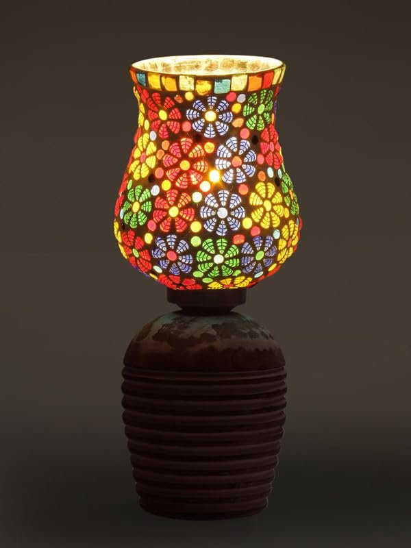 Multicolor Table Lamp | Artistic Mosaic Glass with Sturdy Wood Base | Decorative Ambient Light for Home D�cor | Perfect Blend of Modern & Traditional Style - Model DJC02