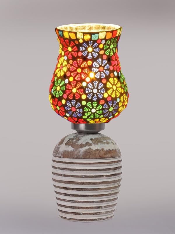 Multicolor Table Lamp | Artistic Mosaic Glass with Sturdy Wood Base | Decorative Ambient Light for Home D�cor | Perfect Blend of Modern & Traditional Style - Model DJC02