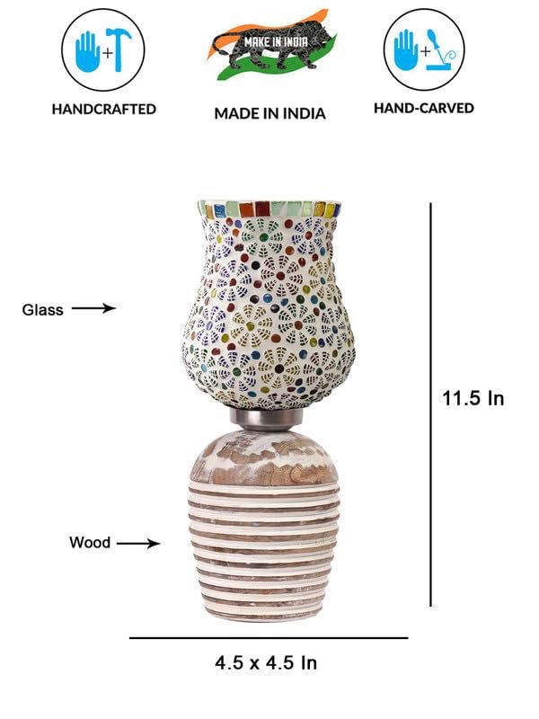Multicolor Table Lamp | Artistic Mosaic Glass with Sturdy Wood Base | Decorative Ambient Light for Home D�cor | Perfect Blend of Modern & Traditional Style - Model DJC02