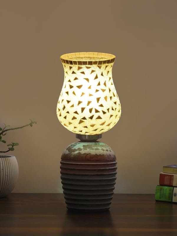 Multicolor Table Lamp | Artistic Mosaic Glass with Sturdy Wood Base | Decorative Ambient Light for Home D�cor | Perfect Blend of Modern & Traditional Style - Model DJC03