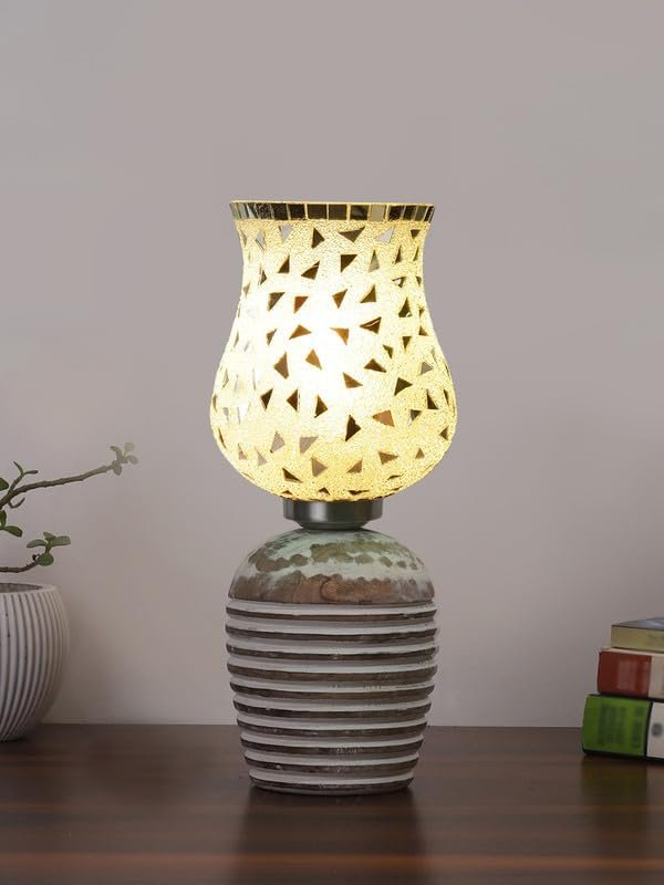 Multicolor Table Lamp | Artistic Mosaic Glass with Sturdy Wood Base | Decorative Ambient Light for Home D�cor | Perfect Blend of Modern & Traditional Style - Model DJC03