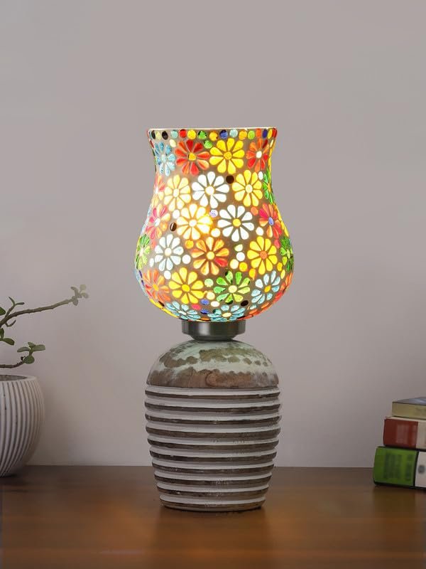Multicolor Table Lamp | Artistic Mosaic Glass with Sturdy Wood Base | Decorative Ambient Light for Home D�cor | Perfect Blend of Modern & Traditional Style - Model DJC04