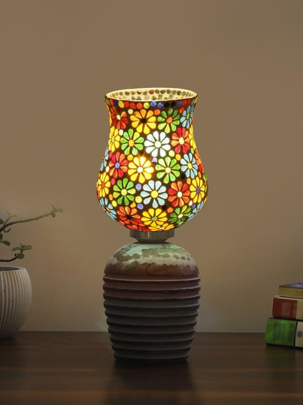 Multicolor Table Lamp | Artistic Mosaic Glass with Sturdy Wood Base | Decorative Ambient Light for Home D�cor | Perfect Blend of Modern & Traditional Style - Model DJC04