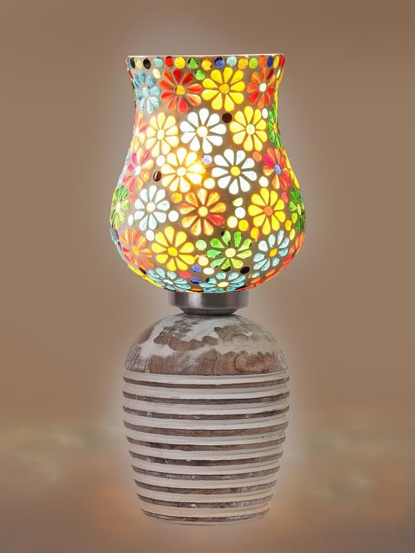 Multicolor Table Lamp | Artistic Mosaic Glass with Sturdy Wood Base | Decorative Ambient Light for Home D�cor | Perfect Blend of Modern & Traditional Style - Model DJC04