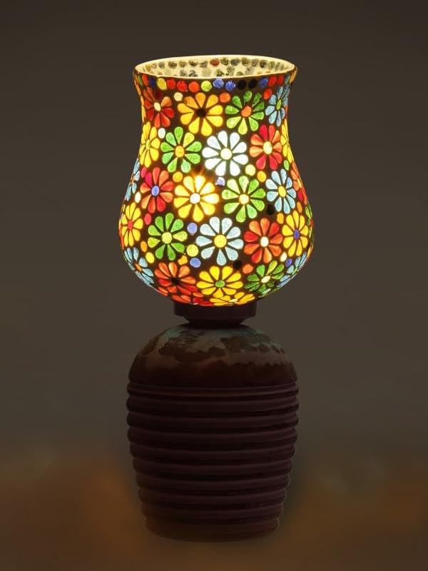 Multicolor Table Lamp | Artistic Mosaic Glass with Sturdy Wood Base | Decorative Ambient Light for Home D�cor | Perfect Blend of Modern & Traditional Style - Model DJC04
