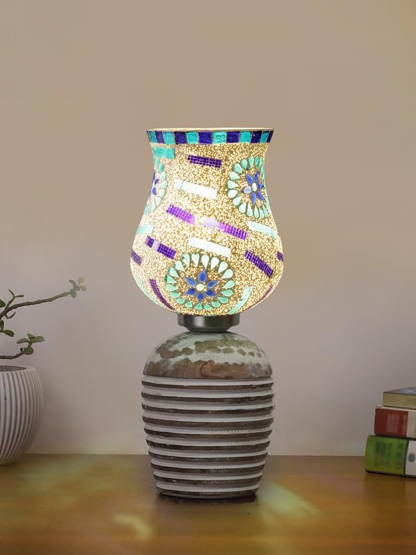 Multicolor Table Lamp | Artistic Mosaic Glass with Sturdy Wood Base | Decorative Ambient Light for Home D�cor | Perfect Blend of Modern & Traditional Style - Model DJC