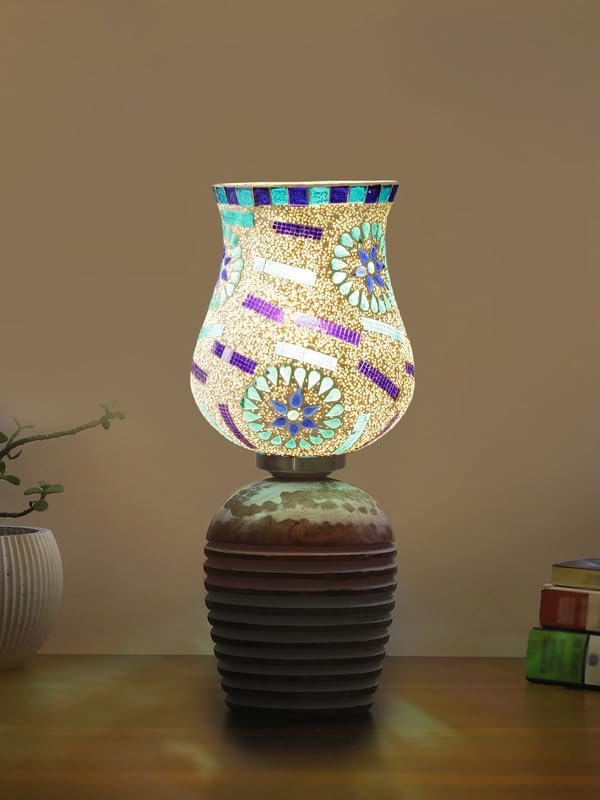 Multicolor Table Lamp | Artistic Mosaic Glass with Sturdy Wood Base | Decorative Ambient Light for Home D�cor | Perfect Blend of Modern & Traditional Style - Model DJC