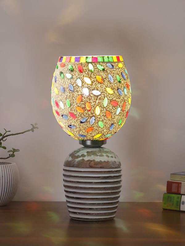 Multicolor Table Lamp | Artistic Mosaic Glass with Sturdy Wood Base | Decorative Ambient Light for Home D�cor | Perfect Blend of Modern & Traditional Style - Model DJC06