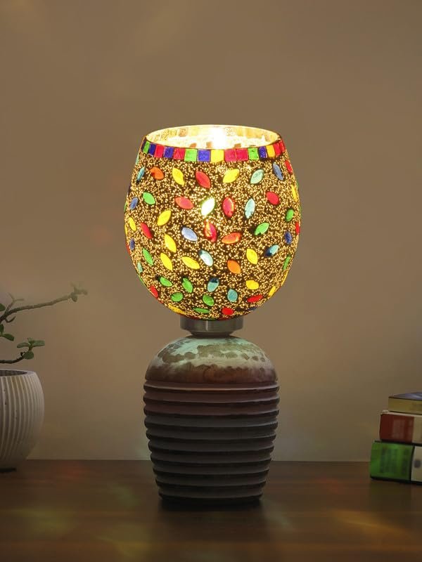 Multicolor Table Lamp | Artistic Mosaic Glass with Sturdy Wood Base | Decorative Ambient Light for Home D�cor | Perfect Blend of Modern & Traditional Style - Model DJC06