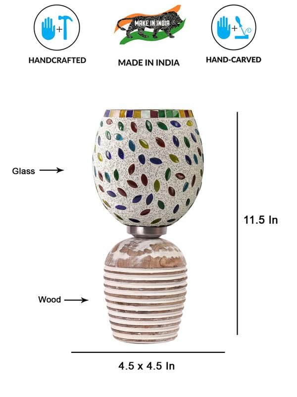 Multicolor Table Lamp | Artistic Mosaic Glass with Sturdy Wood Base | Decorative Ambient Light for Home D�cor | Perfect Blend of Modern & Traditional Style - Model DJC06